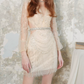 Retro V Neck Beige Homecoming Dress Long Sleeve Beaded Bodycon Party Dress C9166