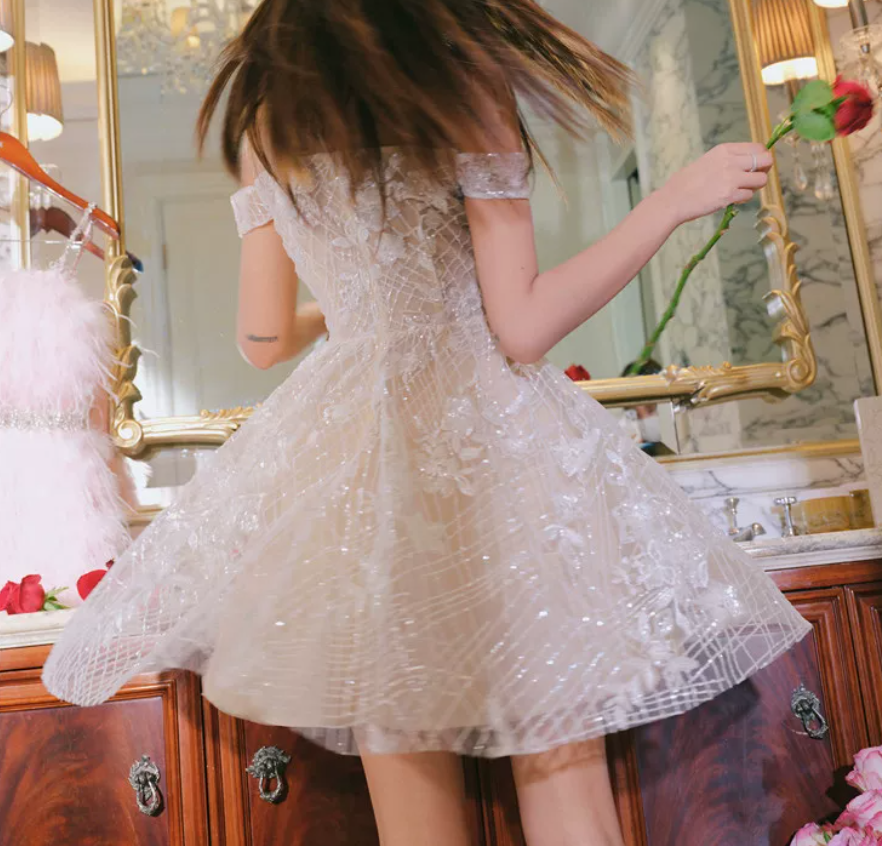 Alluring Illusion Neck Beige Homecoming Dress Sequins A-Line Party Dress C9172