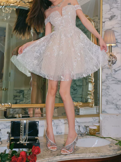 Alluring Illusion Neck Beige Homecoming Dress Sequins A-Line Party Dress C9172