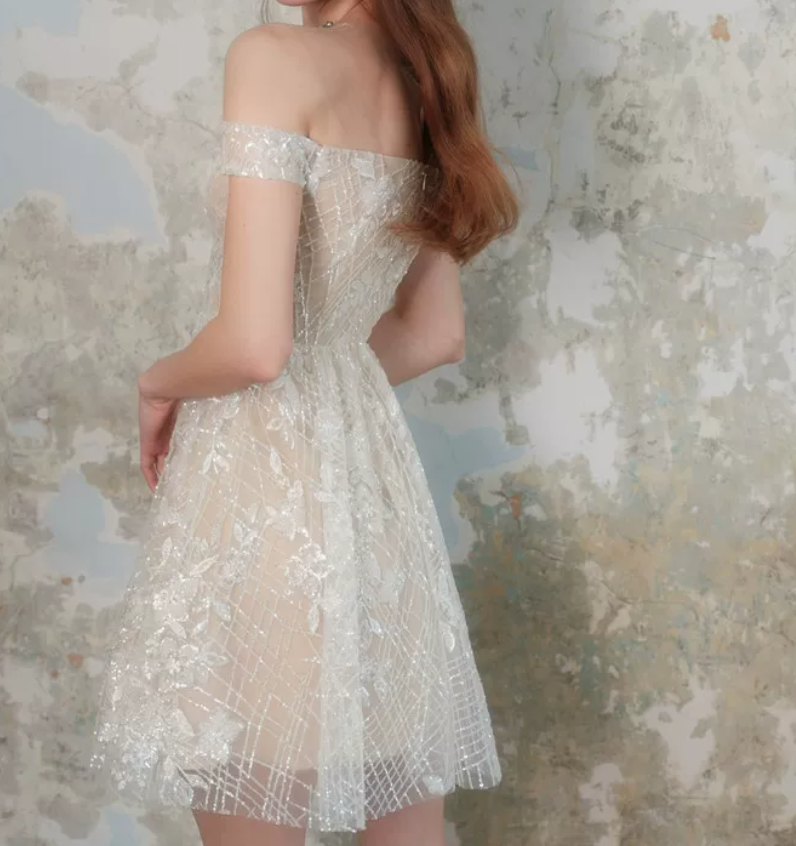 Alluring Illusion Neck Beige Homecoming Dress Sequins A-Line Party Dress C9172
