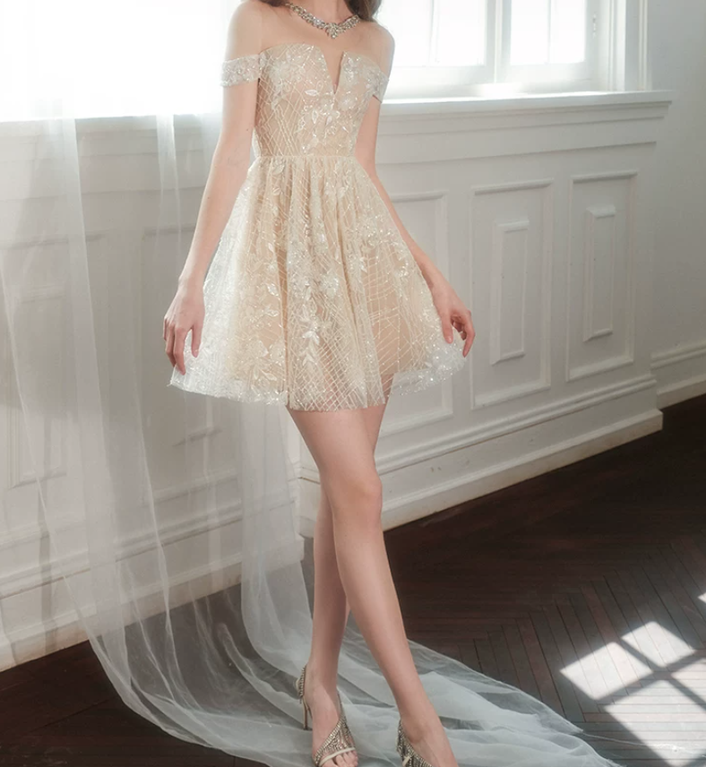 Alluring Illusion Neck Beige Homecoming Dress Sequins A-Line Party Dress C9172