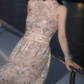Vintage Halter Neck Champagne Prom Dress Sequins A-Line Evening Dress C9173