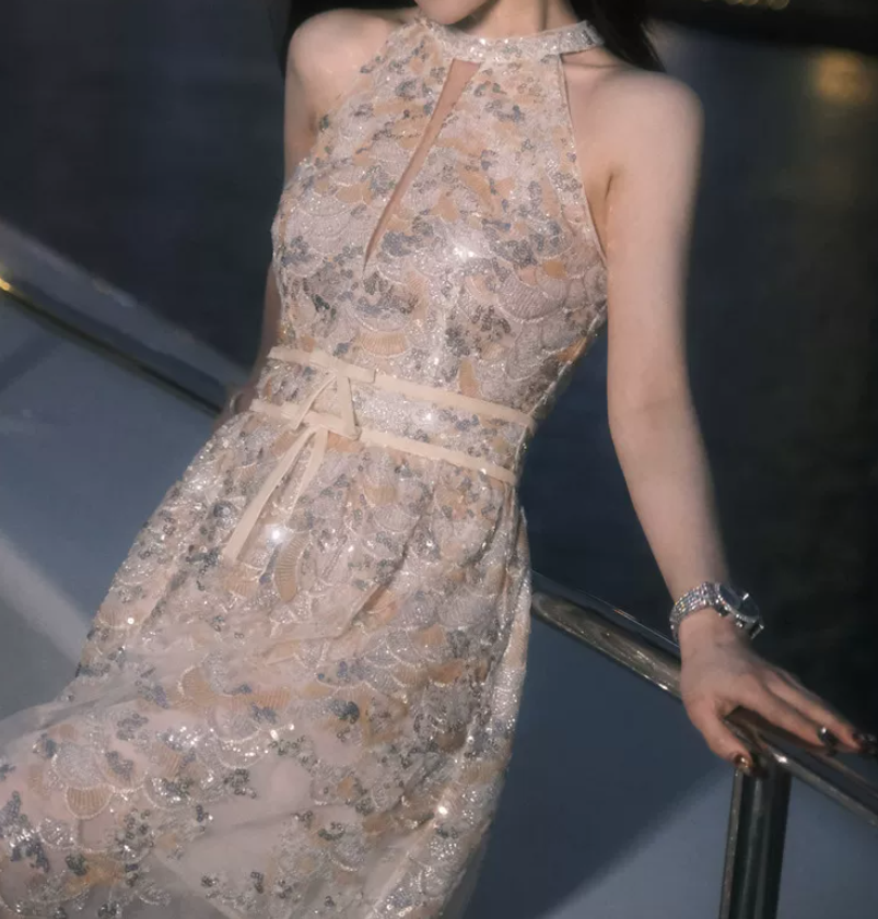 Vintage Halter Neck Champagne Prom Dress Sequins A-Line Evening Dress C9173