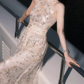 Vintage Halter Neck Champagne Prom Dress Sequins A-Line Evening Dress C9173