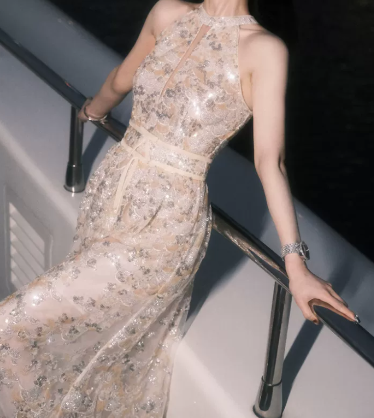 Vintage Halter Neck Champagne Prom Dress Sequins A-Line Evening Dress C9173
