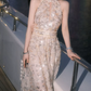 Vintage Halter Neck Champagne Prom Dress Sequins A-Line Evening Dress C9173