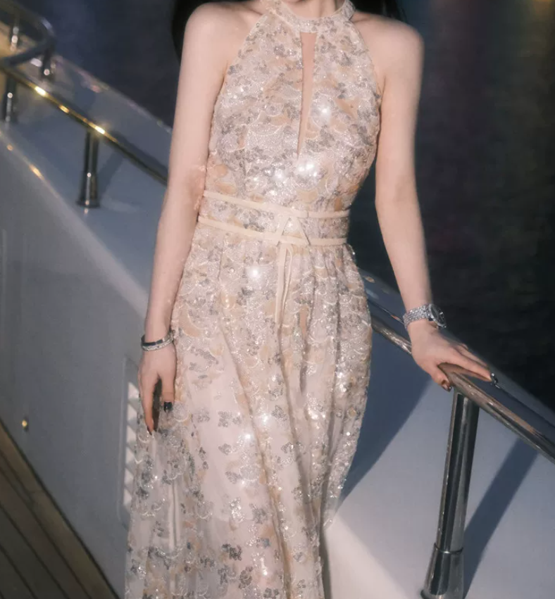 Vintage Halter Neck Champagne Prom Dress Sequins A-Line Evening Dress C9173