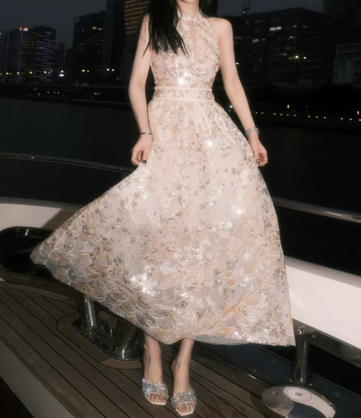 Vintage Halter Neck Champagne Prom Dress Sequins A-Line Evening Dress C9173