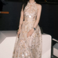Vintage Halter Neck Champagne Prom Dress Sequins A-Line Evening Dress C9173