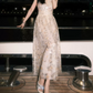Vintage Halter Neck Champagne Prom Dress Sequins A-Line Evening Dress C9173