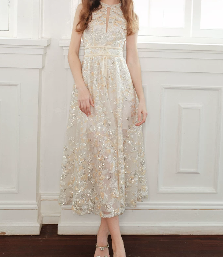 Vintage Halter Neck Champagne Prom Dress Sequins A-Line Evening Dress C9173