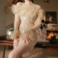 Trendy Off-Shoulder Beige Homecoming Dress Long Sleeve Feather Beaded Bodycon Party Dress C9174