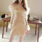 Trendy Off-Shoulder Beige Homecoming Dress Long Sleeve Feather Beaded Bodycon Party Dress C9174