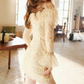 Trendy Off-Shoulder Beige Homecoming Dress Long Sleeve Feather Beaded Bodycon Party Dress C9174