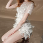 Sleek Jewel Neck White Homecoming Dress Short Sleeve Feather Sequins Bodycon Party Dress C9175