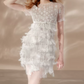 Sleek Jewel Neck White Homecoming Dress Short Sleeve Feather Sequins Bodycon Party Dress C9175