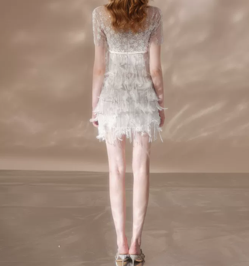 Sleek Jewel Neck White Homecoming Dress Short Sleeve Feather Sequins Bodycon Party Dress C9175