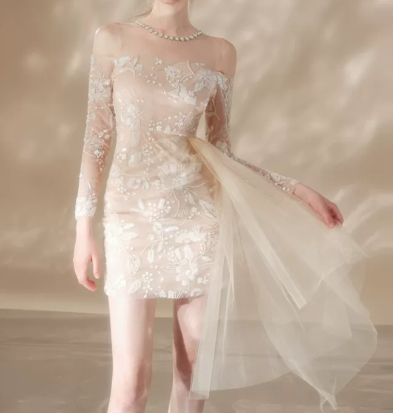 Vintage Illusion Neck Beige Homecoming Dress Long Sleeve Appliques Bodycon Party Dress C9178
