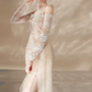 Vintage Illusion Neck Beige Homecoming Dress Long Sleeve Appliques Bodycon Party Dress C9178