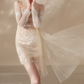 Vintage Illusion Neck Beige Homecoming Dress Long Sleeve Appliques Bodycon Party Dress C9178