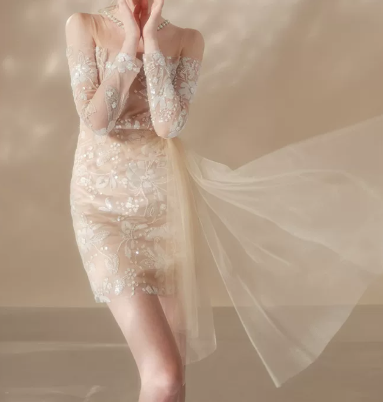 Vintage Illusion Neck Beige Homecoming Dress Long Sleeve Appliques Bodycon Party Dress C9178