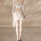 Vintage Illusion Neck Beige Homecoming Dress Long Sleeve Appliques Bodycon Party Dress C9178