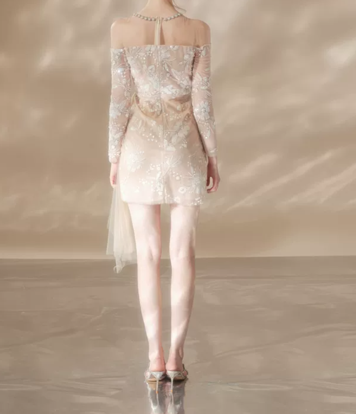 Vintage Illusion Neck Beige Homecoming Dress Long Sleeve Appliques Bodycon Party Dress C9178