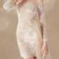 Vintage Illusion Neck Beige Homecoming Dress Long Sleeve Appliques Bodycon Party Dress C9178