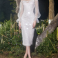 Romantic Long Sleeve White Prom Dress Sequins Sheath Evening Dress C9181