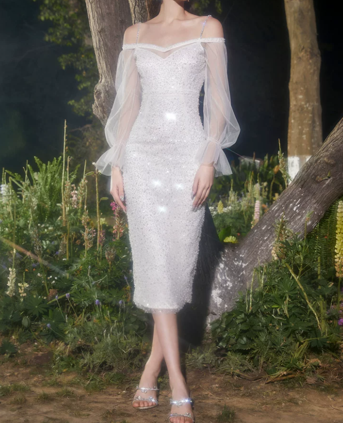 Romantic Long Sleeve White Prom Dress Sequins Sheath Evening Dress C9181