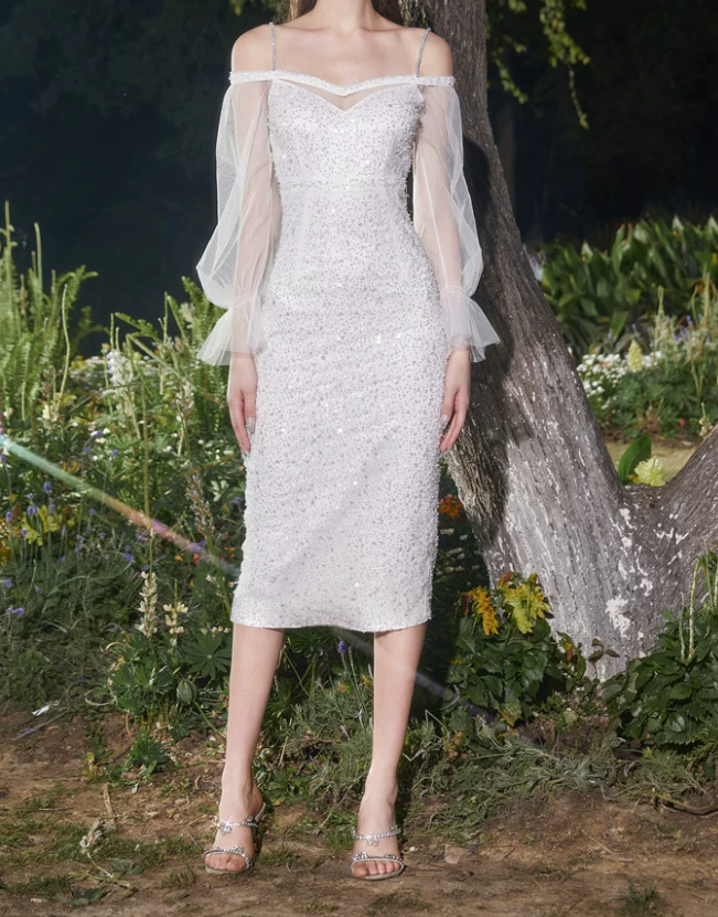 Romantic Long Sleeve White Prom Dress Sequins Sheath Evening Dress C9181