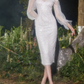 Romantic Long Sleeve White Prom Dress Sequins Sheath Evening Dress C9181