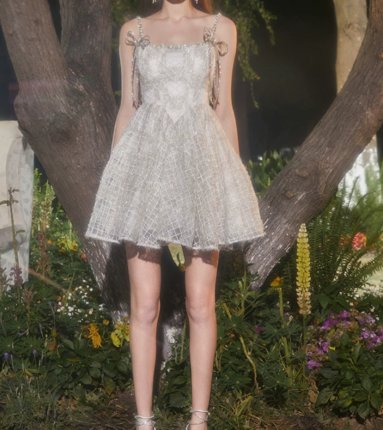 Glittering Spaghetti Straps White Homecoming Dress Beading A-Line Party Dress C9182