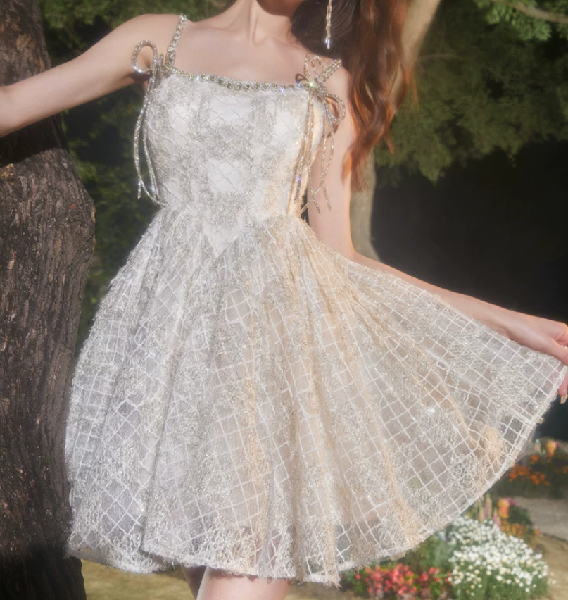 Glittering Spaghetti Straps White Homecoming Dress Beading A-Line Party Dress C9182
