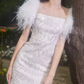 Luxury Short Sleeve White Homecoming Dress Sequins Feather Sheath Party Dress C9183