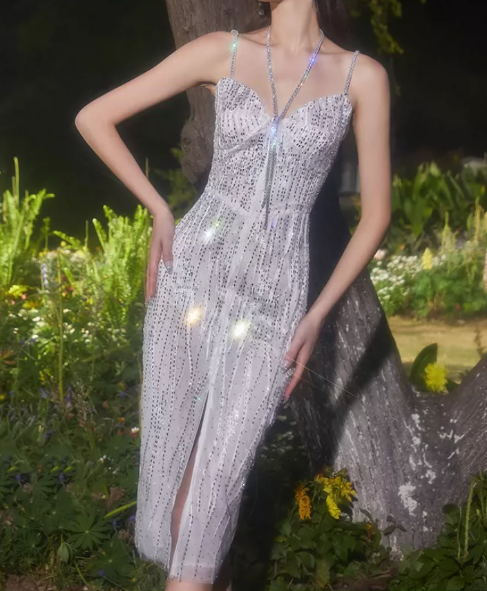 Gorgeous Spaghetti Straps Prom Dress Sequins Slit Sheath Evening Dress C9184