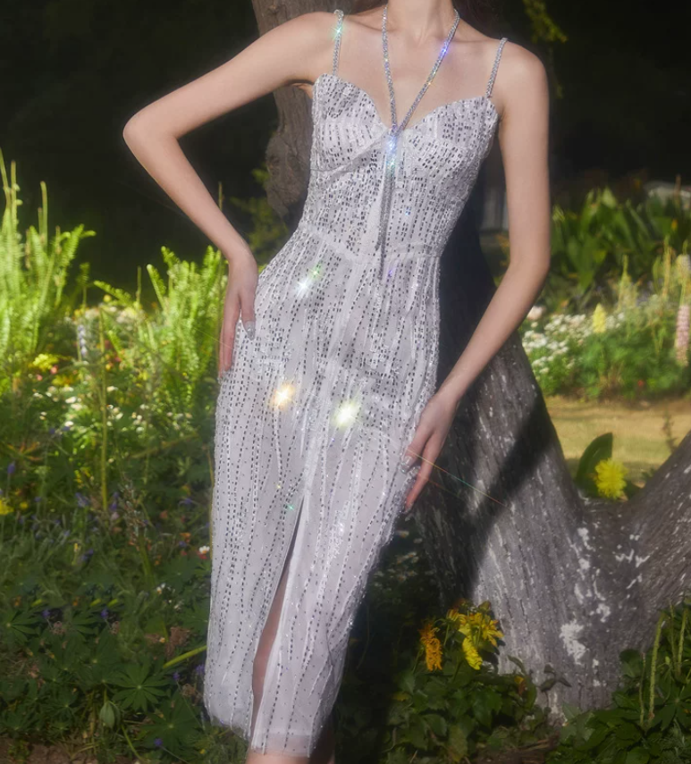 Gorgeous Spaghetti Straps Prom Dress Sequins Slit Sheath Evening Dress C9184