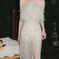Alluring Strapless White Slit Prom Dress Sequins Feather Sheath Evening Dress C9185