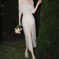 Alluring Strapless White Slit Prom Dress Sequins Feather Sheath Evening Dress C9185