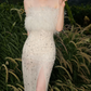 Alluring Strapless White Slit Prom Dress Sequins Feather Sheath Evening Dress C9185