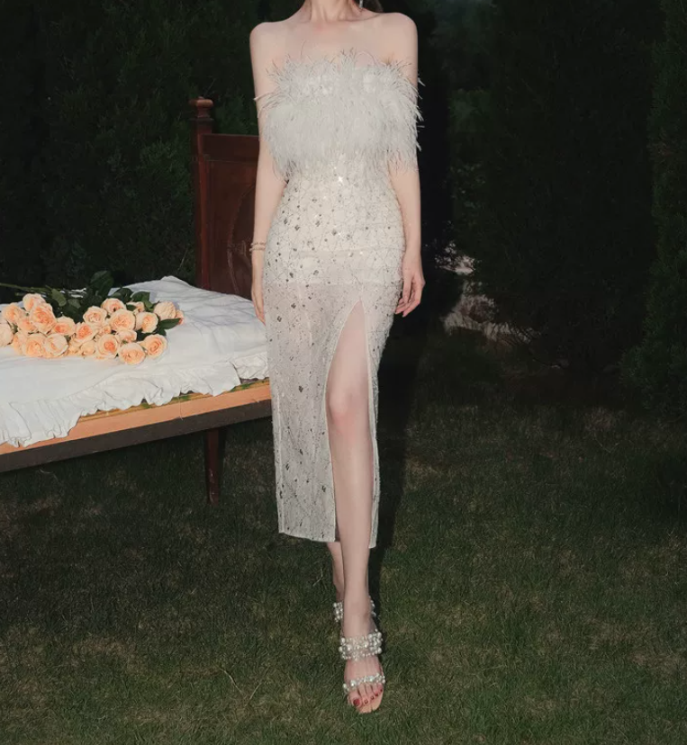 Alluring Strapless White Slit Prom Dress Sequins Feather Sheath Evening Dress C9185