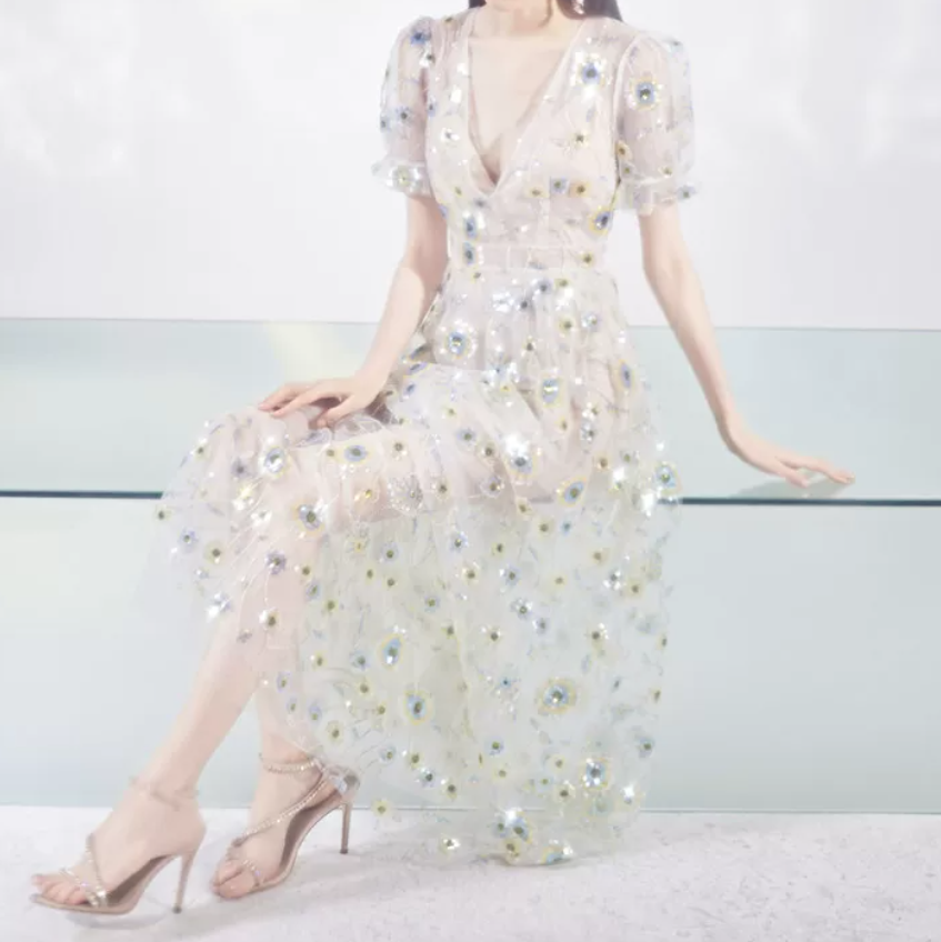 Playful V Neck Floral Prom Dress Short Sleeve Sequins A-Line Evening Dress C9186