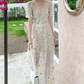 Playful V Neck Floral Prom Dress Short Sleeve Sequins A-Line Evening Dress C9186