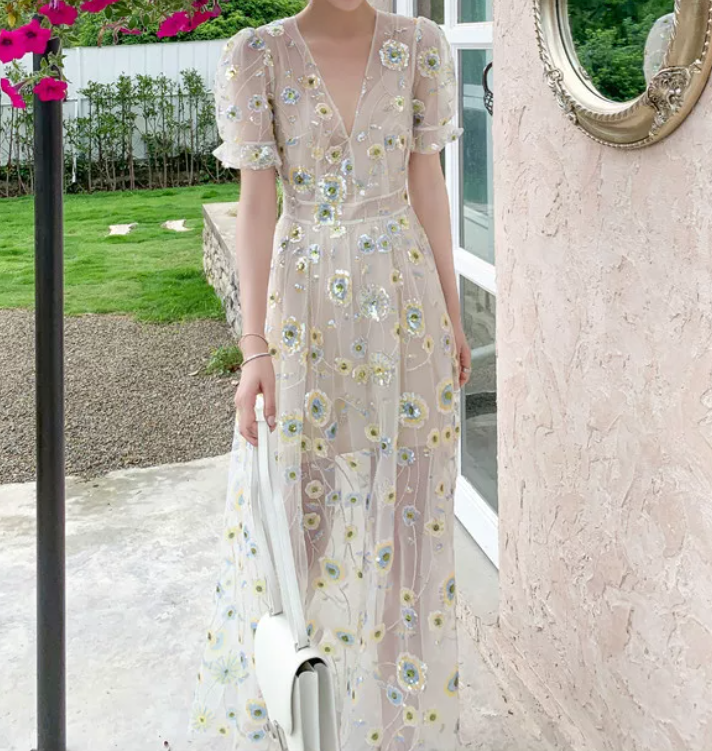 Playful V Neck Floral Prom Dress Short Sleeve Sequins A-Line Evening Dress C9186
