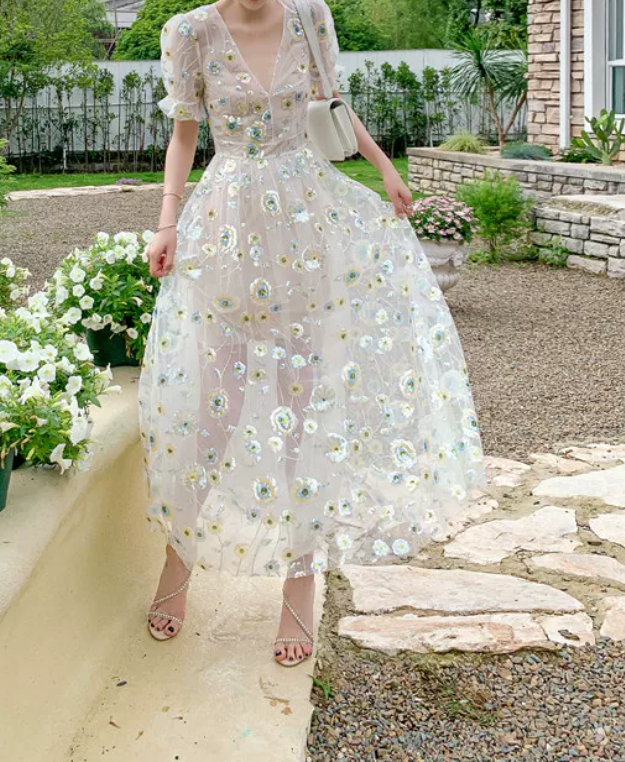 Playful V Neck Floral Prom Dress Short Sleeve Sequins A-Line Evening Dress C9186