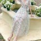 Playful V Neck Floral Prom Dress Short Sleeve Sequins A-Line Evening Dress C9186