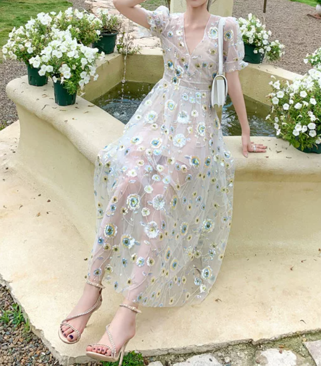 Playful V Neck Floral Prom Dress Short Sleeve Sequins A-Line Evening Dress C9186