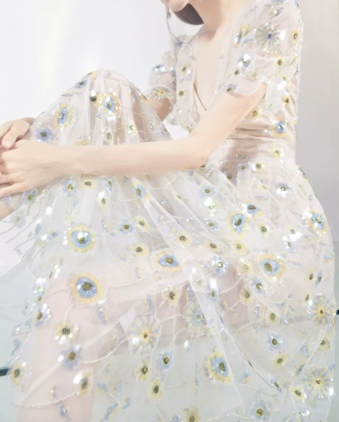 Playful V Neck Floral Prom Dress Short Sleeve Sequins A-Line Evening Dress C9186