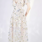 Playful V Neck Floral Prom Dress Short Sleeve Sequins A-Line Evening Dress C9186
