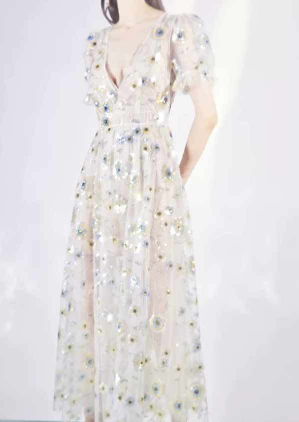 Playful V Neck Floral Prom Dress Short Sleeve Sequins A-Line Evening Dress C9186